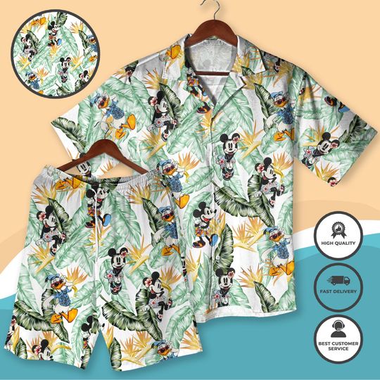 Discover Mickey and Friends Hawaiian Shirt Shorts, Tropical Cartoon Outfit, Retro Palm Print, Unisex Aloha Shirt for Summer Beach Vacation and Party