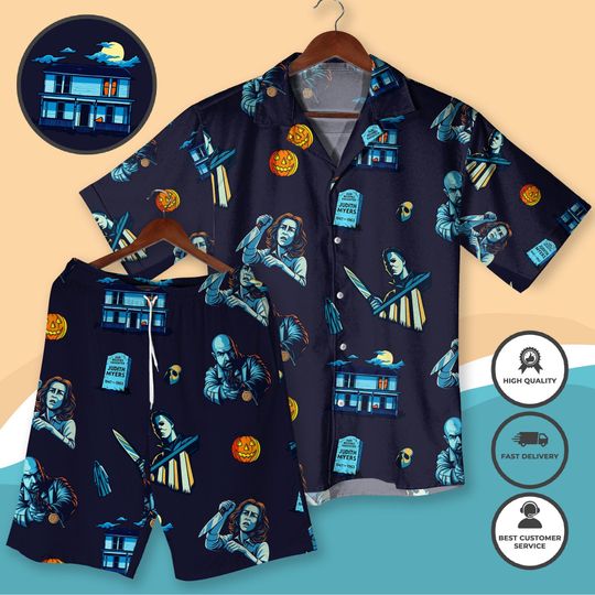 Halloween Horror Hawaiian Shirt Shorts - Spooky Season Haunted House Retro Scary Movie Aloha Vacation Outfit - Unisex Halloween Apparel