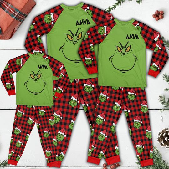Custom Name funny character Face Pajamas Set, funny character Family Matching Christmas PJs, Merry Grin Gift, Xmas Holiday Sleepwear for Kids & Adults