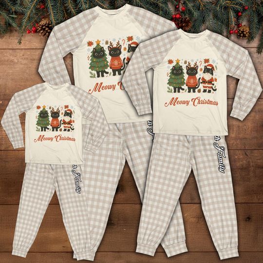 Discover Personalized Cat Christmas Pajamas: Custom Retro "Meowy Christmas" Matching Set