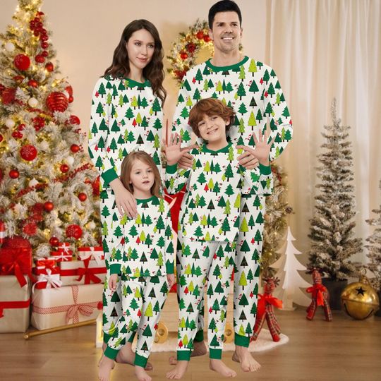 Discover Christmas Tree Family Matching Pajamas Set, Holiday Green Tree Print Sleepwear for Kids & Adults, Xmas Matching PJs, Matching Holiday PJset