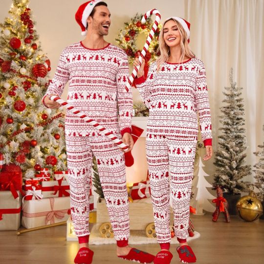 Red White Christmas Family Matching Pajamas  Holiday Reindeer Xmas PJs, Cozy Winter Family Sleepwear 2025, Matching Holiday PJs