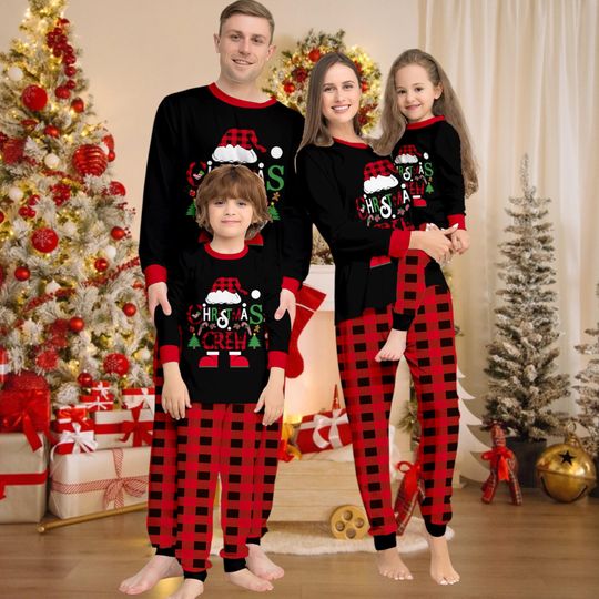 Christmas Family Matching Pajamas Set  Red Black Plaid Santa Crew Sleepwear for Kids & Adults, Holiday Xmas PJs, Matching Holiday PJs