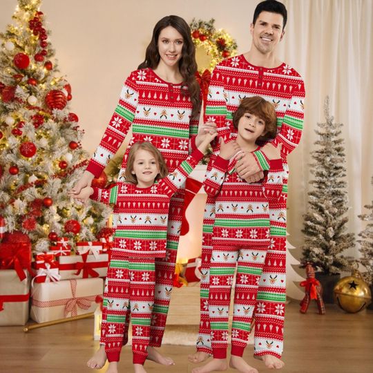 Christmas Family Matching Pajamas Set, Red Green Snowflake Reindeer Print Holiday Sleepwear for Kids, Adults, Xmas Matching PJs, Holiday PJs