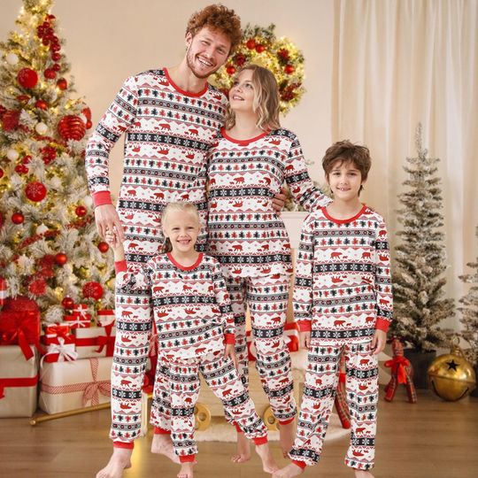 Matching Family Christmas Pajamas Set, Red & White Reindeer PJs, Holiday Sleepwear for Men, Women Kids, Cozy Xmas Outfit for Family Photos