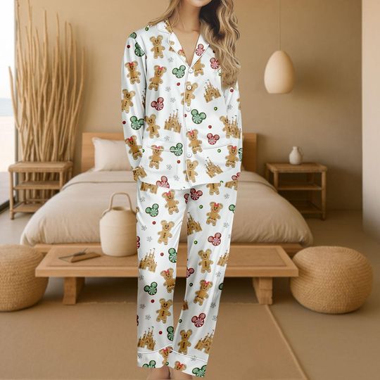 Discover Disney Gingerbread Christmas Pajamas, Gingerbread Cookie Sleepwear, Cute Holiday Button Up Pjs, Festive Peppermint Loungewear Outfit