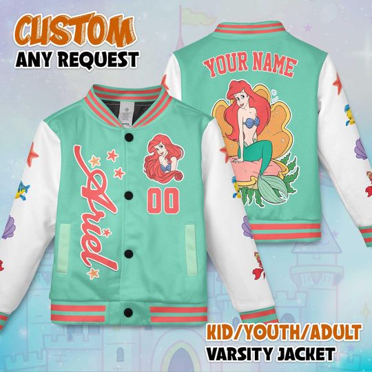 Discover Custom Mermaid Ariel Varsity Jacket, Personalized Disney The Little Mermaid Baseball Jacket,  Kids Youth Adult Varsity Jacket