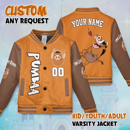 Discover Custom Pumbaa Varsity Jacket, Personalized The Lion King Baseball Jacket, Kids Youth Adult Varsity Jacket