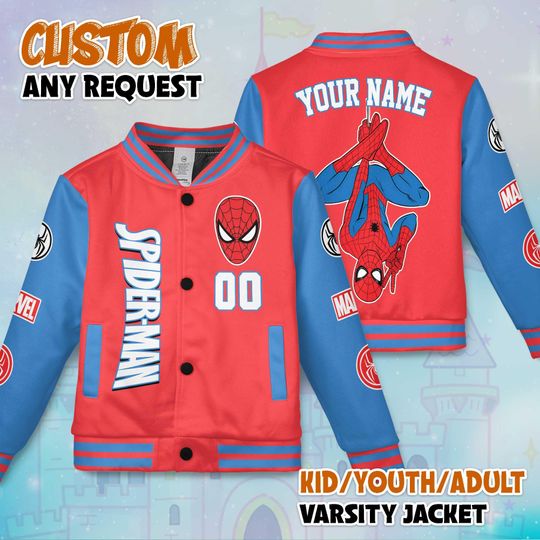 Custom Spider-Man Varsity Jacket, Personalized Superhero Spider-Man Baseball Jacket, Marvel Kids Youth Adult Varsity Jacket