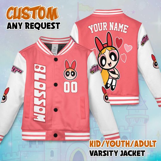 Personalized Blossom Varsity Jacket, Custom Powerpuff Girls Baseball Jacket, Blossom Kids Youth Adult Varsity Jacket