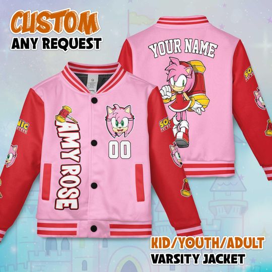 Custom Amy Rose Varsity Jacket, Personalized Sonic the Hedgehog Baseball Jacket, Amy Rose Kids Youth Adult Varsity Jacket