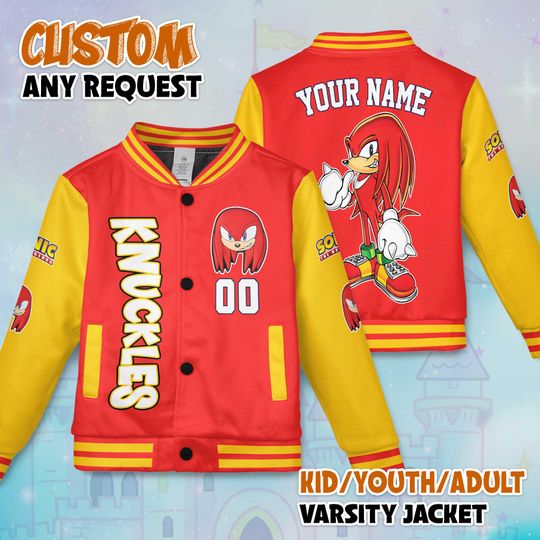 Custom Knuckles Varsity Jacket, Personalized Sonic the Hedgehog Baseball Jacket, Knuckles  Kids Youth Adult Varsity Jacket
