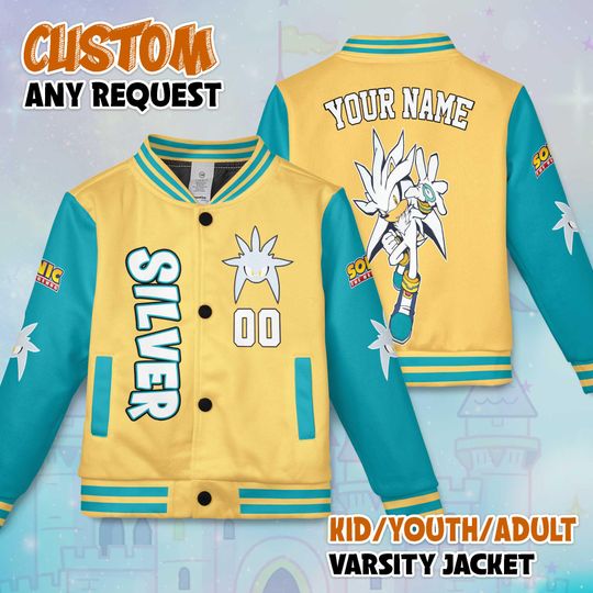 Discover Custom Silver the Hedgehog Varsity Jacket, Personalized Sonic the Hedgehog Baseball Jacket,  Kids Youth Adult Varsity Jacket