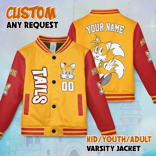 Custom Tails Varsity Jacket, Personalized Sonic the Hedgehog Baseball Jacket, Sonic the Hedgehog Kids Youth Adult Varsity Jacket