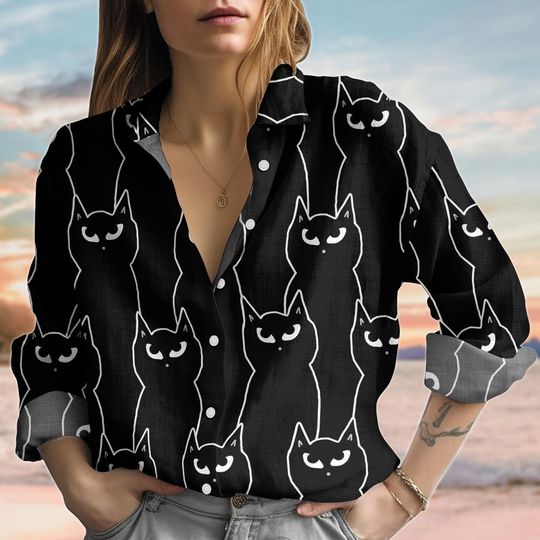 Discover Funny Black Cat Blouse Shirt, Halloween Cat Women Shirt, Gothic Cat Blouse Shirt, Witchcore Casual Shirt, Halloween Gifts For Her