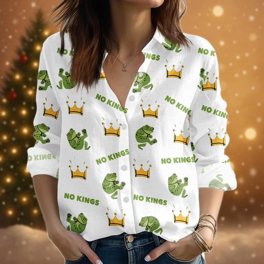 Discover No Kings Portland Frog Blouse Shirt, America Since 1776 Holiday Shirt For Women, Funny Political Meme Linen-Look Shirt, Patriotic Gift