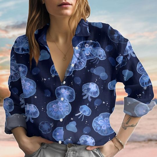 Jellyfish Linen-Look Shirt, Ocean Sea Life Blouse Women, Marine Life Casual Shirt, Coastal Beach Shirt For Vacation, Gift For Her