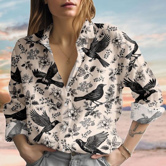 Discover Vintage Bird Floral Linen-Look Shirt, Nature Lovers Women Shirt, Cottagecore Raven Shirt, Animal Lovers Casual Shirt, Gift For Her