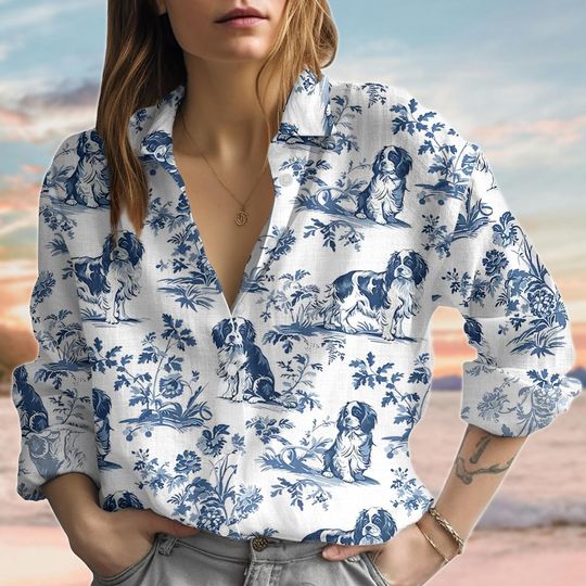 Discover Spaniel Flower Linen-Look Shirt, Floral Flowers Women Shirt, Dog Love Casual Top For Women, Women Blouse, Dog Lover Summer Button Shirt
