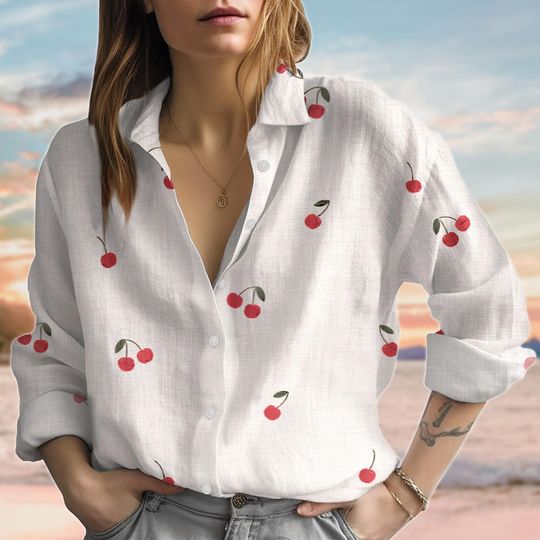 Cherry Linen-Look Shirt, Nature Lover Women Shirt, Vintage Botanical Women Blouse, Cute Fruit Casual Shirt, Gifts For Her