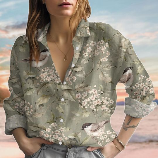 Discover Birds Flowers Bows Linen-Look Shirt, Botanical Blouses Shirt, Vintage Garden Women Shirt, Nature Love Casual Shirt, Summer Gift For Her