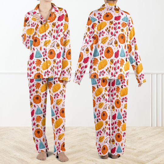 Discover Fall Pumpkin Pajama Set For Women, Boho Pumpkin Pajamas, Autumn Pumpkins Set, Cute Pumpkin Season Pyjamas, Autumn Leaves Pants