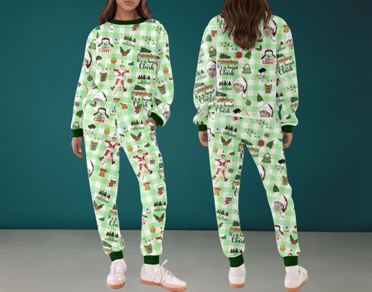 Griswold Christmas Pajamas Set For Women And Kids, Funny Christmas Pja, Clark Griswold Matching Holiday Outfit, Green Plaid Xmas Sweat Suit