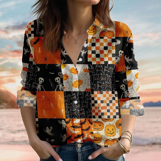 Discover Patchwork Linen-Look Shirt, Cats Pumpkins Bats Blouse Shirt, Fall Festival Women Shirt, Funny Skeleton Shirt, Halloween Gift For Her