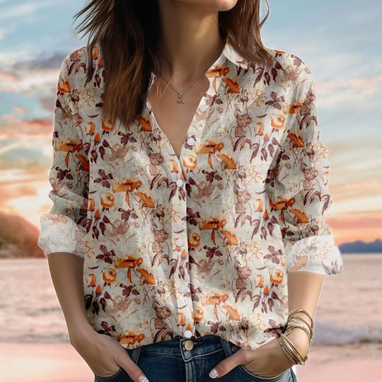 Discover Retro Birds Flowers Linen-Look Shirt, Autumn Woodland Animal Blouse Shirt, Cozy Cottagecore Women Shirt, Forest Animal Casual Shirt