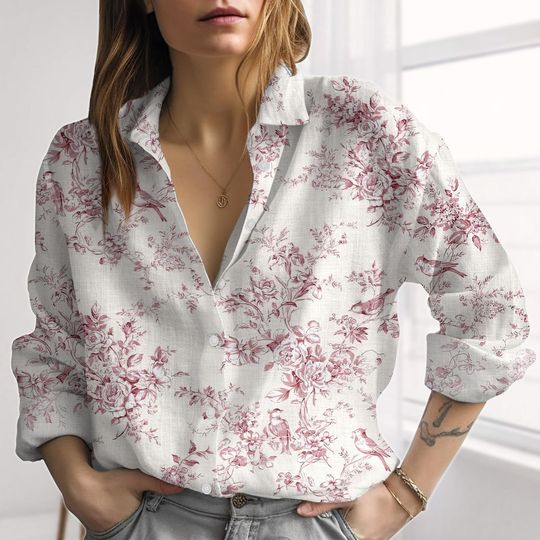Vintage Flowers Linen-Look Shirt, Cottagecore Women Blouses, Nature Love Casual Shirt, Retro Garden Women Top, Summer Gift For Her