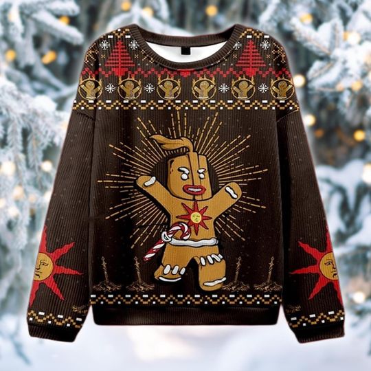 Praise the Sun Ugly Christmas Sweater, Funny Gamer Holiday Sweatshirt, Gingerbread Knight Xmas Gift, Video Game Crewneck, Geek Shirt