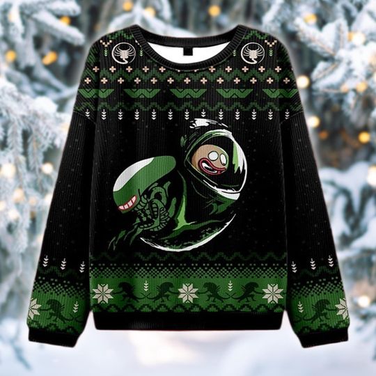 Space Comedy Ugly Christmas Sweater, Sci-Fi Alien Holiday Sweatshirt, Cartoon Horror Fan Gift, Funny Xmas Crewneck, Pop Culture