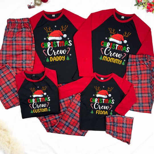 Christmas Crew Matching Family Pajamas, Personalized Family PJs, Matching Pajamas With Dog, Plus Size Matching Pajamas, Pajamas With Pockets