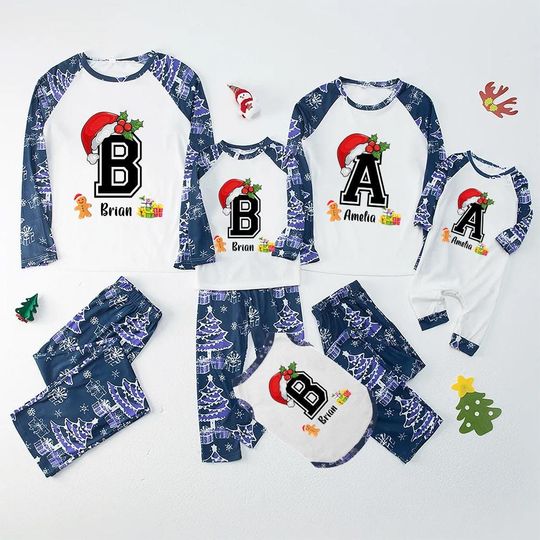 Discover Custom Christmas Pajamas With Initial Name, Unisex Matching Family Christmas PJs, Dog Christmas Shirt, Cute Xmas PJs, Christmas Party Pajama