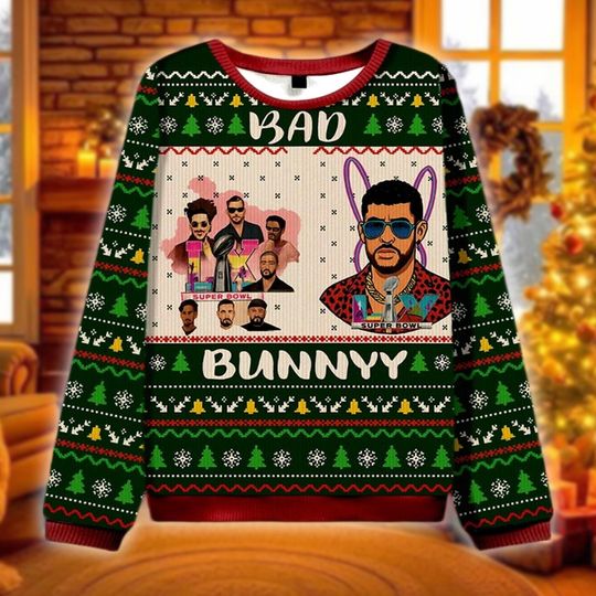 Funny Music Ugly Christmas Sweater, Super Bowl Rapper Holiday Sweatshirt, Reggaeton Fan Crewneck, Xmas Party Crewneck