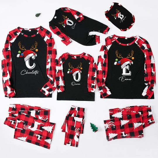 Discover Personalized Pajamas With Name, Family Christmas Pajamas With Names, Matching Holiday Jammies, Red And Black Xmas Pajamas, Monogram PJs