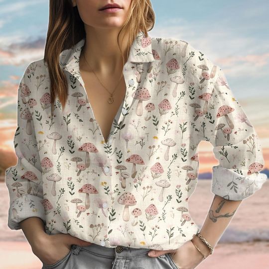 Vintage Mushroom Blouse Shirt, Goblincore Line-Look Shirt, Mushroom Collector Casual Shirt, Nature Love Shirt, Summer Gifts For Her