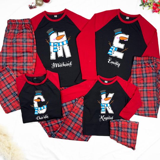 Discover Personalized Family Christmas Pajamas: Snowman Initial Buffalo Plaid Matching PJs