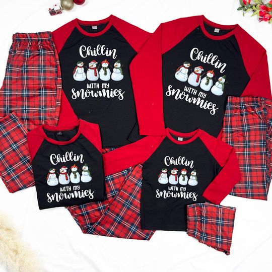 Discover Snowman Matching Family Pajamas: Chillin With My Snowmies Red Plaid PJs, Size Newborn To Men 6XL