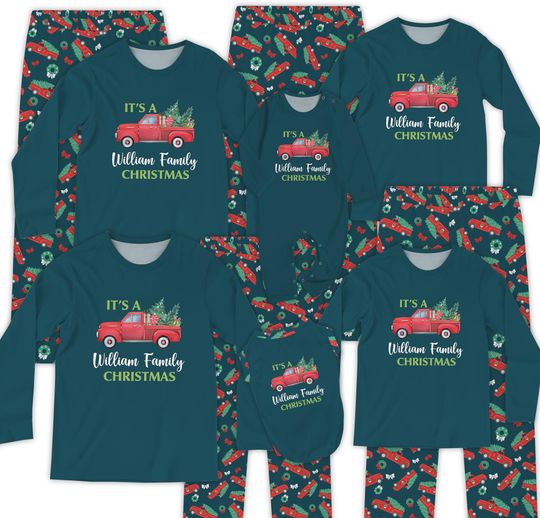 Discover Personalized Name Red Truck Christmas Pajamas: Family Matching PJs, Custom Name Holiday PJs, Blue Christmas Jammies, Size Newborn to Men 6XL