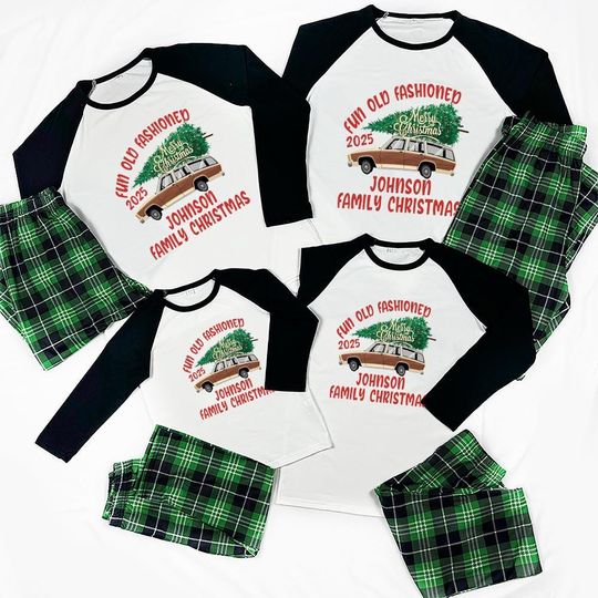 Discover Personalized Family Christmas Pajamas, Christmas Vacation PJs, Custom Name Green Plaid Pajama Set, Matching Holiday Jammies, Funny Pajamas