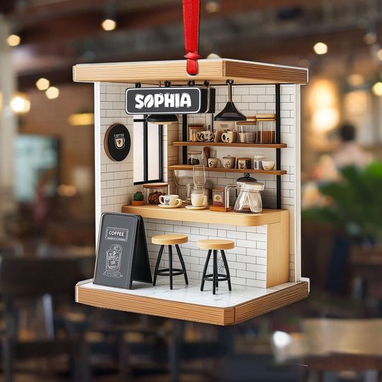 Custom Caf Ornament with Name, Acrylic Coffee Bar Scene Christmas Gift, Coffee Shop Dcor for Barista, Husband, Wife, Friend