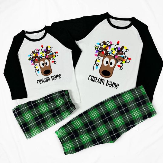 Discover Custom Name Reindeer Christmas Pajamas  Green Plaid Lights Design With Plus size for everyone