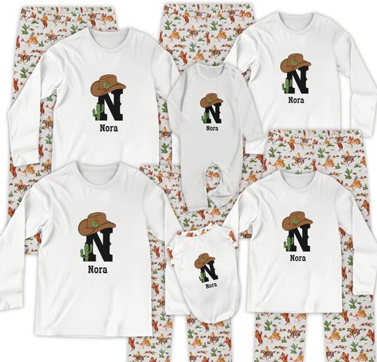 Discover Monogram Cowboy Hat Matching Pajamas, Custom Western Cowboy Sleepwear With Plus Size, Unique Cowboy Lover Gift, Western Holiday Loungewear