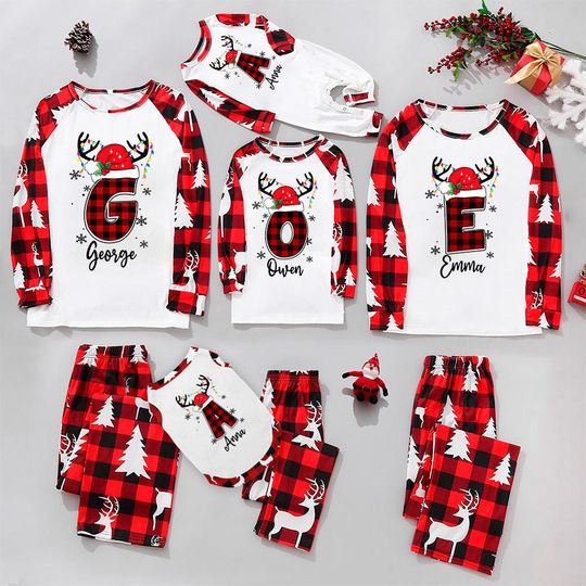Discover Monogrammed Family Christmas Pajamas, Monogram Pajama Set For Men Women, Custom Name Xmas PJs, Plaid Red Pajamas, Plus Size Monogram Pajamas