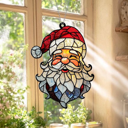 Discover Santa Claus Acrylic Window Hanging, Christmas Holiday Decor, Smiling Santa Ornament, Festive Winter Sun Catcher, Cute Holiday Gift