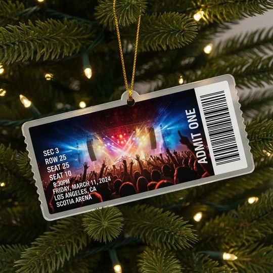Personalized Concert Ticket Ornament, Custom Acrylic Music Event Keepsake with Photo and Details, Unique Christmas Gift for Music Lovers