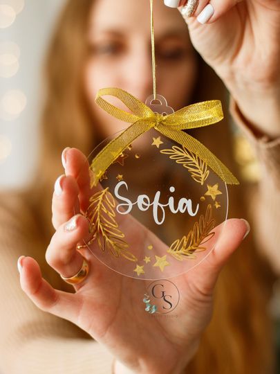 Personalized Acrylic Christmas Ornament with Name, Custom Clear Bauble with Gold Foil, Holiday Tree Decoration, Name Ornament for Kids