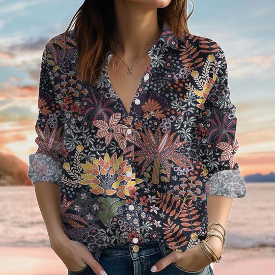 Discover Flowers Retro Linen-Look Shirt, Botanical Blouse Shirt, Floral Flowers Women Shirt, Gardening Casual Shirt For Summer, Nature Love Gift