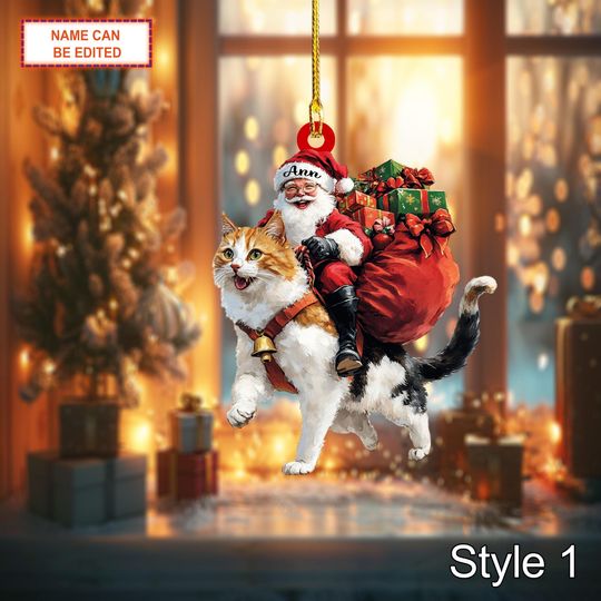 Discover Custom Name Santar Riding Calico Cat Personalized Ornament, Christmas Tree Hanging Decor, 2D Flat Acrylic Christmas Ornament Holiday Gift